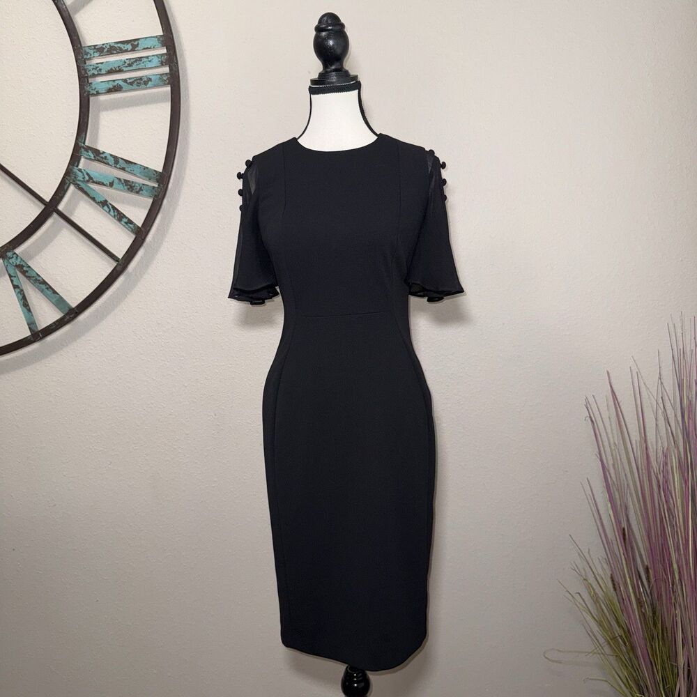 Clvin Klein Dress Size 2 NWT Black Flutter Sleeve Lined Sheath